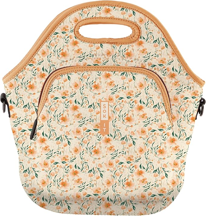 Sok It LunchTote Zippered Bag Insulated Neoprene Caddy (Blush Blossoms, X-Large 6.5 Quart Lunch Tote)