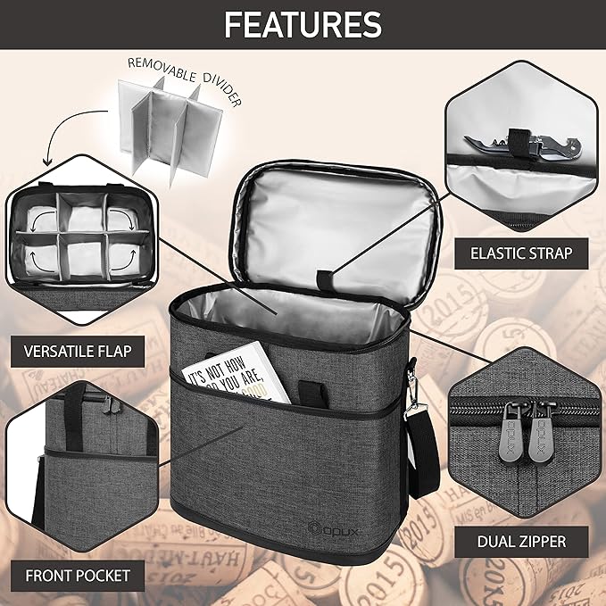 opux 6 Bottle Carrier Tote | Insulated Padded Wine Cooler Bag for Travel. Picnic, BYOB | Portable Leakproof Wine Tote Bag for Dinner, Party, Christmas, Wine Gift for Women, Men (Charcoal Gray)