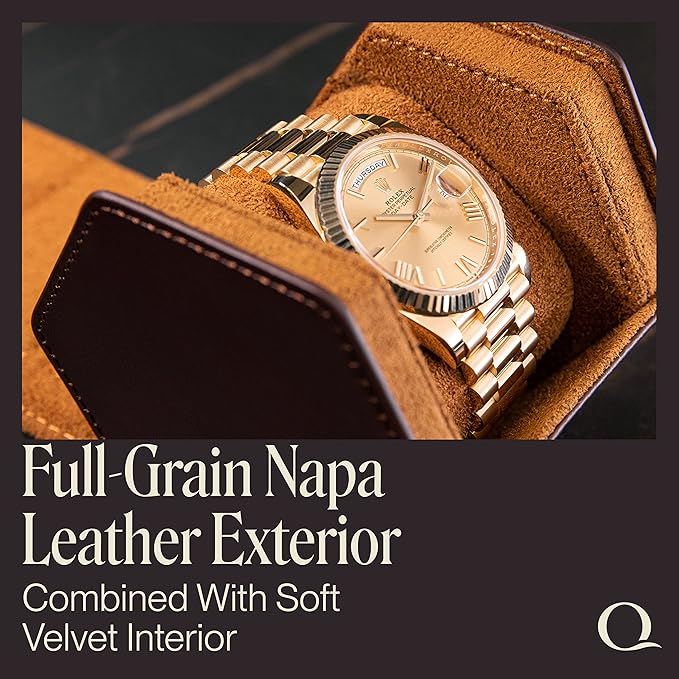 Leather Watch Cases for Men - Hexagon Single & Double Watch Roll Travel Case - Genuine Napa Leather with Velvet Interior - Storage & Display Holder for 1 Watch or 2 Watches