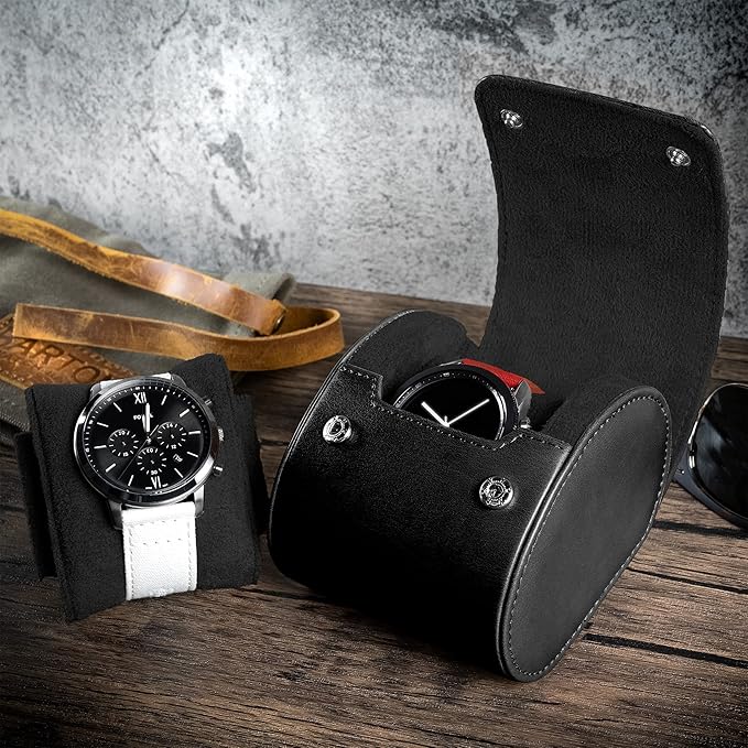 BARTON WATCH BANDS, Watch Roll - Black Recycled Leather Watch Travel Case & Watch Band Storage - 1 Watch Case