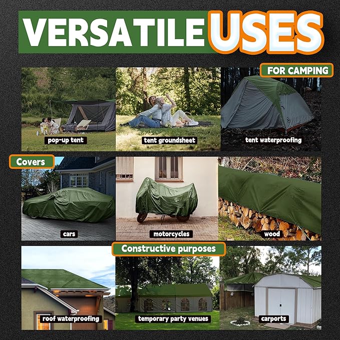 7x10 Feet Tarp Waterproof,9Mil Thick,Finished Size Tarps,UV Resistant,Durable,Multipurpose Poly Tarp Cover with Metal Grommets and Reinforced Edges,Green/Black by RAINDEWAY
