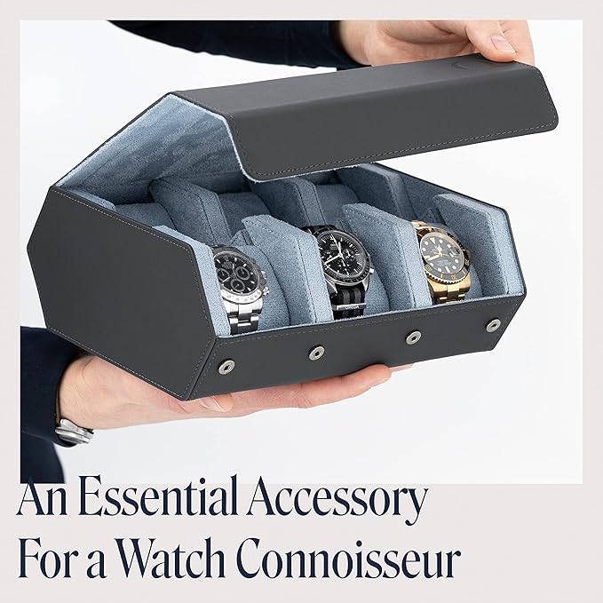 Napa Leather Watch Case for Men - Watch Roll Storage Organizer & Watch Display - Six Slot Luxury Watch Box for Home or Travel - Mens 6 Watch Holder Case (Gray Blue)