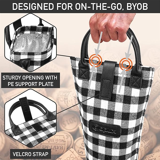 OPUX Wine Bag Single Bottle Carrier Tote, Insulated Travel Wine Cooler Bag for Picnic Beach Gift, Thermal Padded Portable One Bottle Holder Carrying Case for Women Men Wine Lovers, Plaid Buffalo White