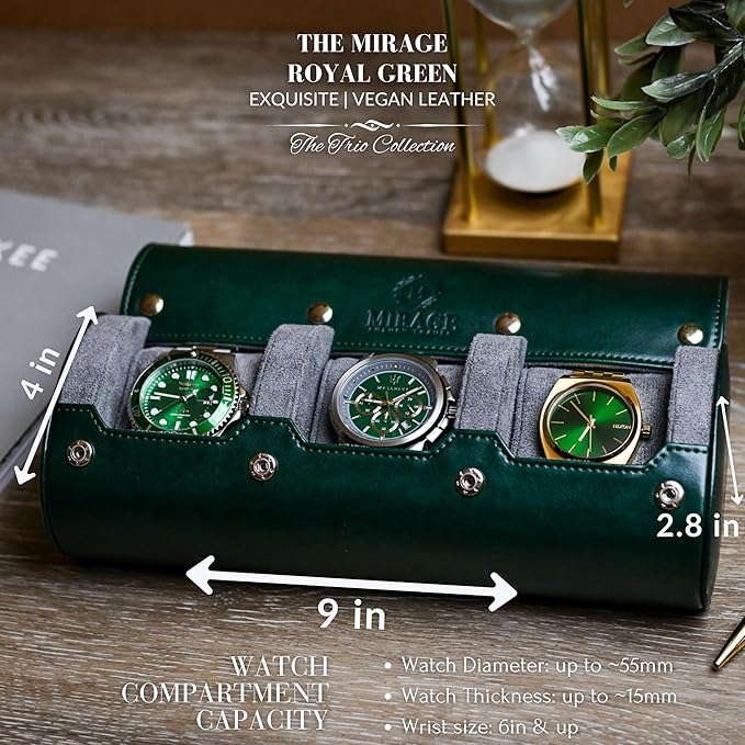 Watch Cases for Men – Travel Watch Roll Case – 3 Watch Travel Case Holder Organizer and Display - Royal Green Vegan Leather