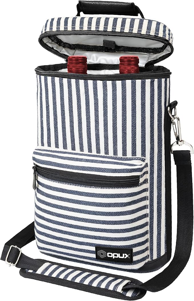 opux Wine Bag 2 Bottle Wine Tote Carrier, Insulated Wine Cooler Bag for Travel Picnic, Leakproof Portable Padded Case, Wine Gifts For Women Men Wine Lovers Christmas, Navy White Stripes