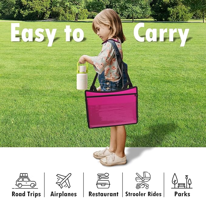 Kids Travel Tray for Airplane - Toddler Car Seat Table Tray, Road Trip Essentials for Boys & Girls, Carseat Lap Desk for Kids Road Trip Activities (Pink)