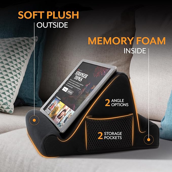 Brookstone - Memory Foam Lap Desk Tablet Holder, Holds Phones, iPads, E-Book Readers, 2 Viewing Angles, 2 Side Pockets for Accessories, Book Holder Cushion, Perfect Home, Car Travel, Flights, Black