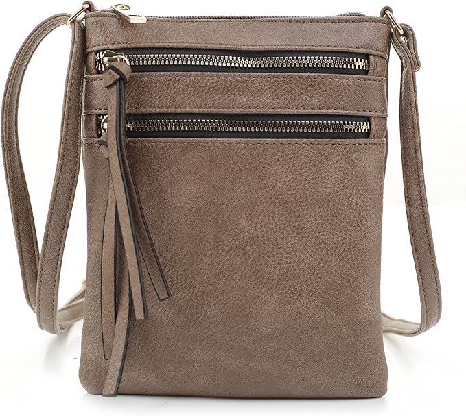 DELUXITY | Crossbody Purse Bag | Functional Multi Pocket Double Zipper Purse | Adjustable Strap | Medium Size Purse |Dark Taupe