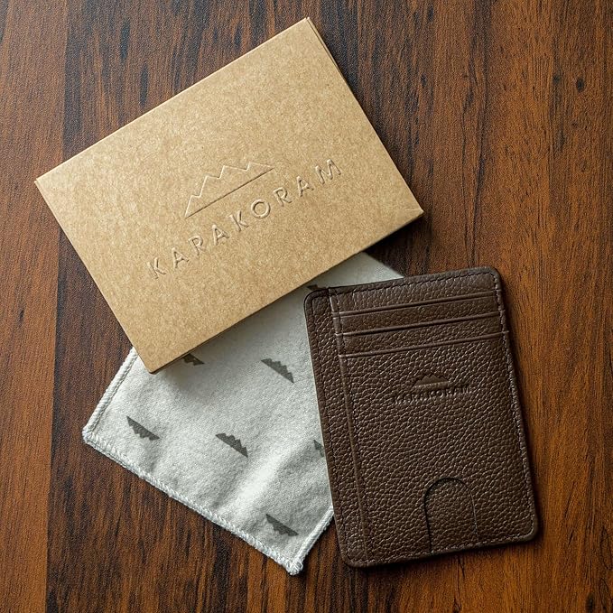 KARAKORAM Vertical Handcrafted Premium Leather Front Pocket Credit Card Holder with RIFD Protection | Artisan Made Slim Leather Wallet | Finger Glide Slots for Cards and ID (Wildwood Espresso)