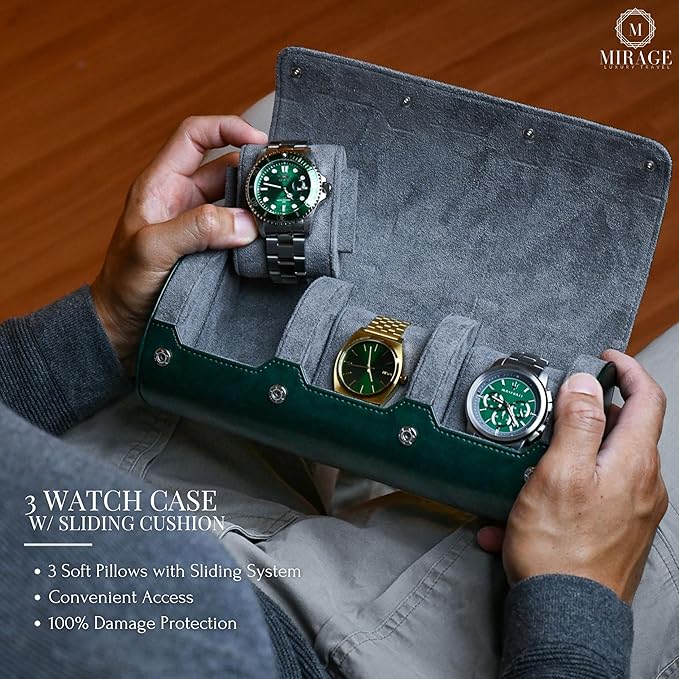 Watch Cases for Men – Travel Watch Roll Case – 3 Watch Travel Case Holder Organizer and Display - Royal Green Vegan Leather
