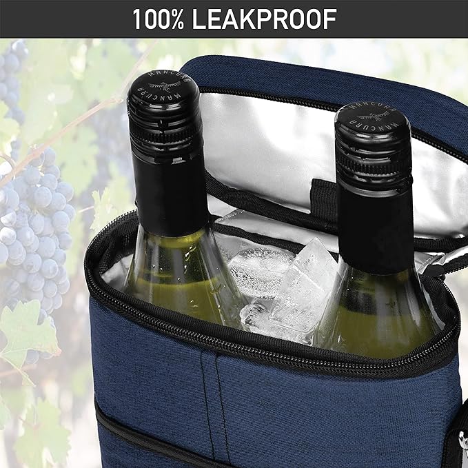 opux 2 Bottle Wine Carrier Tote, Insulated Leakproof Wine Cooler Bag, Wine Travel Bag for Picnic BYOB Beach, Portable Wine Bottle Carrying Case, Gift for Wine Lover Women Men Christmas, Navy