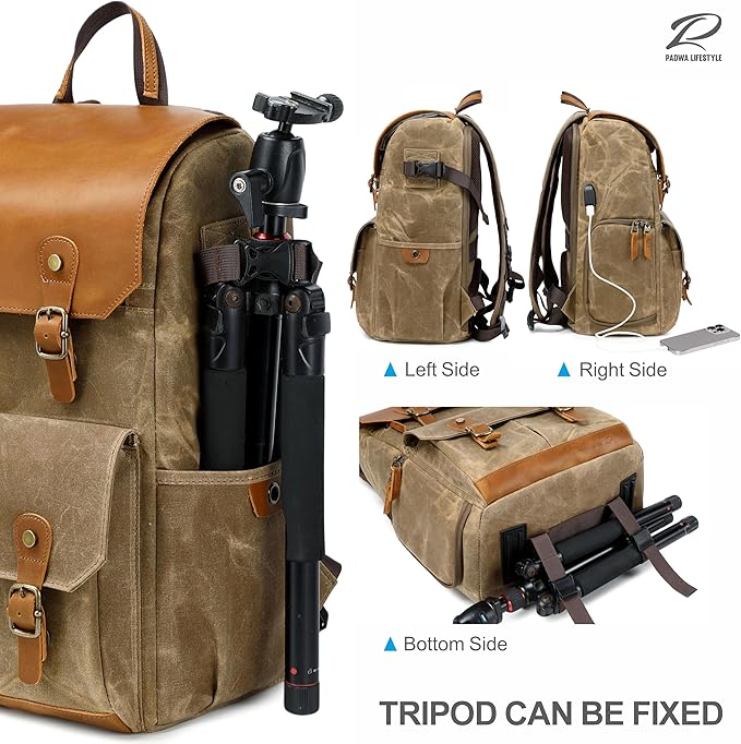 Padwa Lifestyle Khaki Camera Backpack - Weather Resistant Waxed Memory Canvas Camera Backpacks for Photographers,Multi DSLR SLR Camera Bag with 16” Laptop & Lens Compartment and Tripod Holder