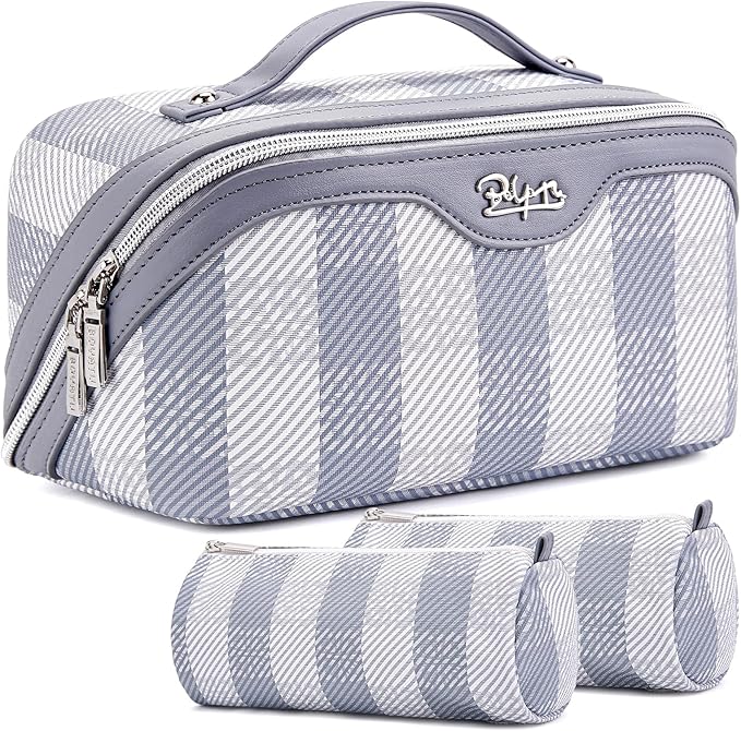 BOYATU Makeup Bag Travel Cosmetic Bag: 3 Pcs Set Portable Make up Bags for Women with Handle - Waterproof Vegan Leather Toiletry Organizer Bags with Comparments (F-05-Blue)