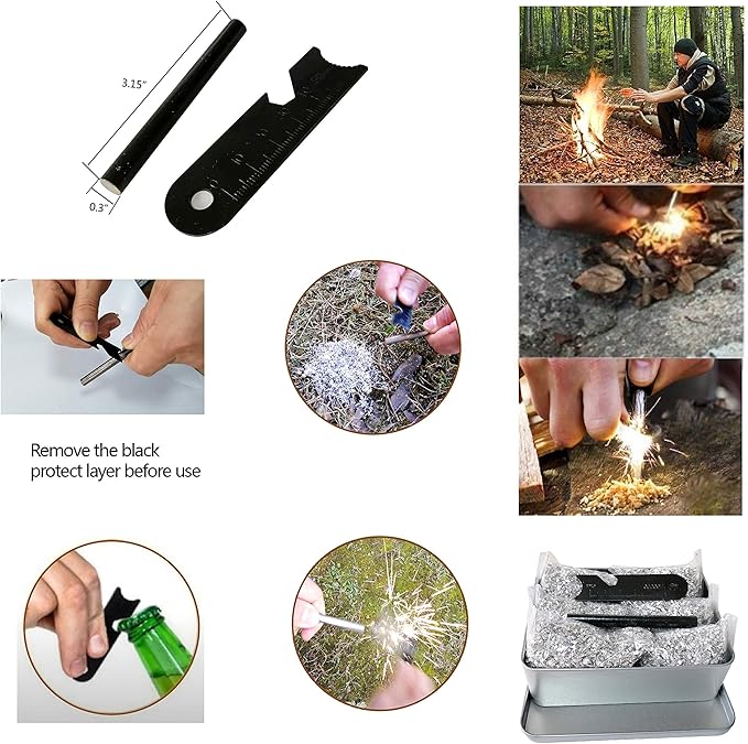 Survival Fire Starter Kit – Magnesium Shavings, Ferro Rod, Wax Rope, Emergency Blanket, Wire Saw & Waist Bag for Camping, Hiking & Outdoor Adventures
