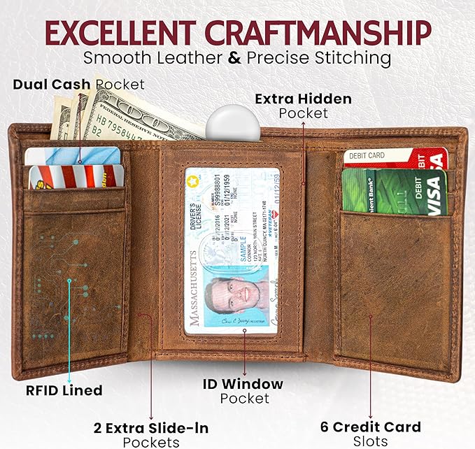 BULL GUARD Leather Trifold Wallets For Men with ID and RFID Blocking Great For Work, Sports, Outdoors