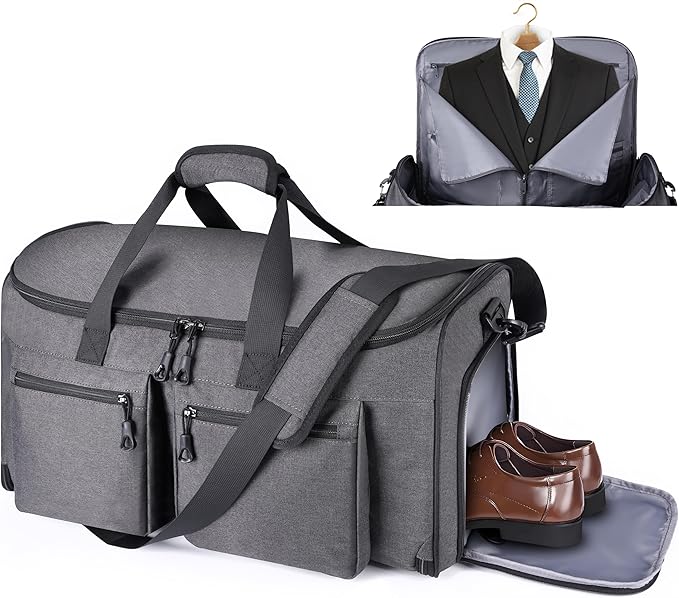 Convertible Duffle Bags for Travel Carry On Suit Duffle Bags with Shoulder Strap 2 in 1 Hanging Garment Duffle Bag for Men Women (Grey)