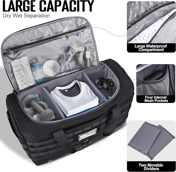 MOZETO Mens Travel Duffel Bag with Compartments, Tactical Inspired GYM Work Police Duty Law Enforcement Carry-on Bag with YKK Zippers Anti-Theft RFID Blocking Wet-Dry Separated Compartment