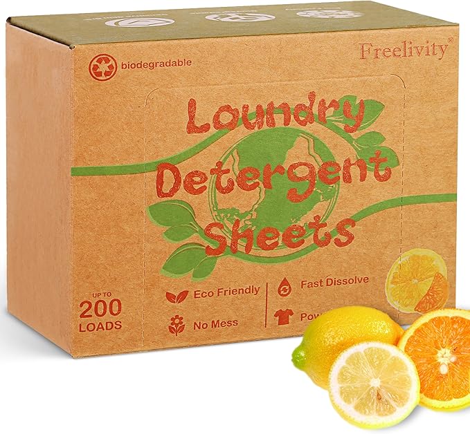 Freelivity Laundry Detergent Sheets, 200 Sheets Lemon Orange - Eco-Friendly Hypoallergenic Plastic-Free LiquidLess Clothes Washing Detergent Supplies for Save Space Travel Camping