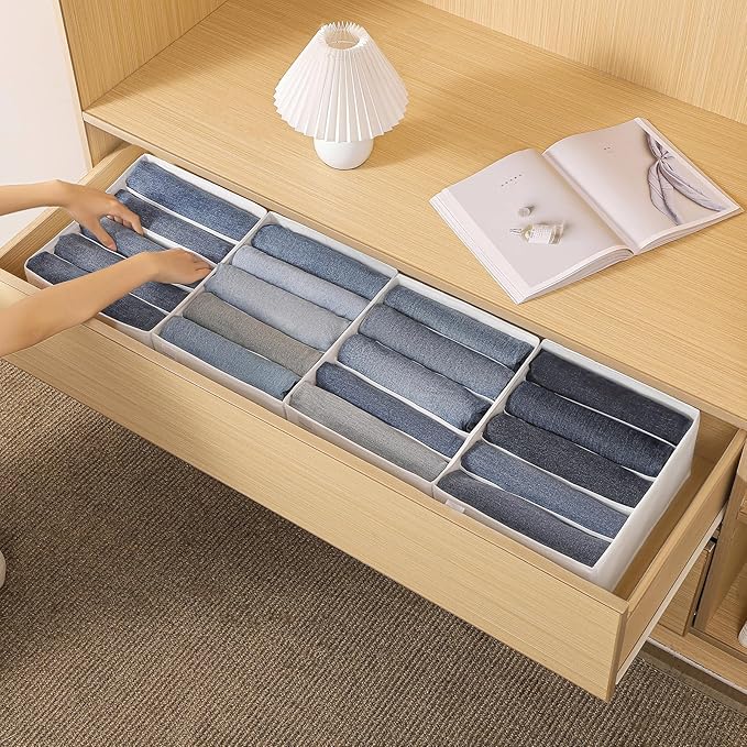 4 Packs Jeans Drawer Organizers for Clothing,5 Grids Compartment Wardrobe clothes organizer,Fabric Washable Closet Organizers and Storage Bins for Jeans,Pants,Bra,Legging,t-shirt-White