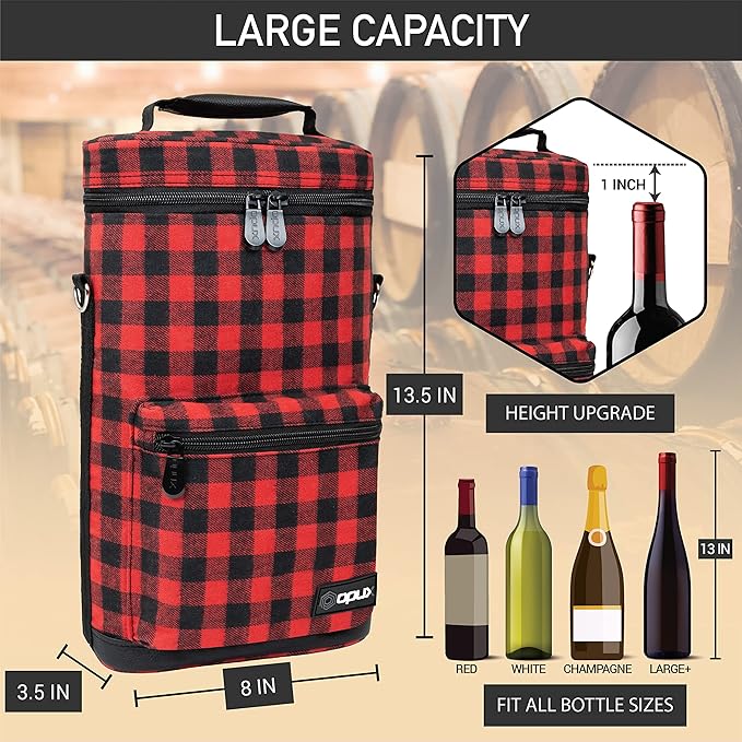 Opux 2 Bottle Wine Tote Carrier, Insulated Cooler Bag for Travel Picnic, Leakproof Padded Case, Wine Gifts for Women & Men, Plaid Buffalo Red