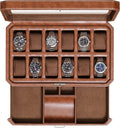 ROTHWELL 12 Slot Leather Watch Box with Valet Drawer - 12 Slot Luxury Watch Case Display Organizer, Microsuede Liner, Mens Accessories Holder, Jewelry Case, Jewelry Display Organizer (Tan/Brown)