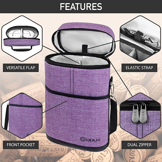 opux 2 Bottle Wine Carrier Tote, Insulated Leakproof Wine Cooler Bag, Wine Travel Bag for Picnic BYOB Beach, Portable Wine Bottle Carrying Case, Gift for Wine Lover Women Men Christmas, Purple