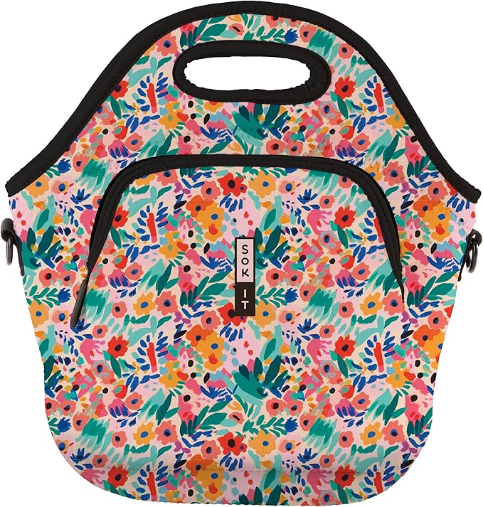 Sok It LunchTote Zippered Bag Insulated Neoprene Caddy (Abstract Floral, X-Large 6.5 Quart Lunch Tote)