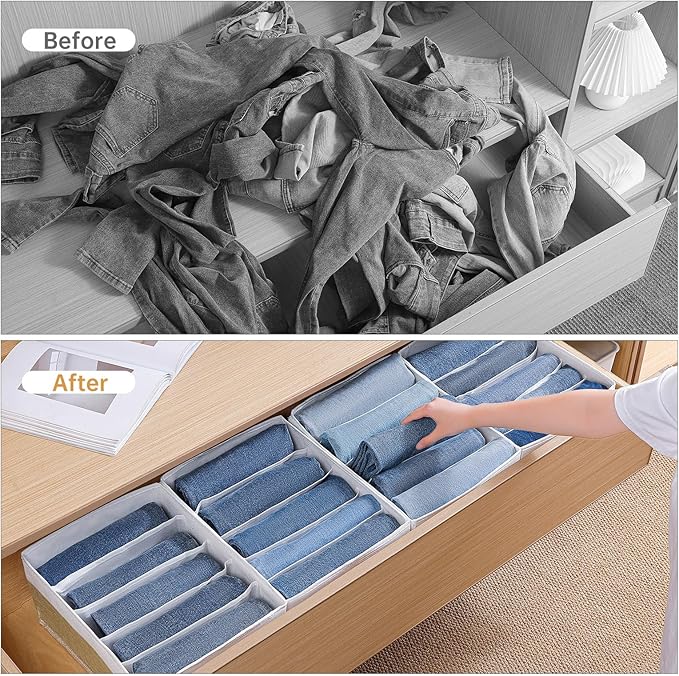 Jeans Drawer Organizers for Clothing,5 Grids Compartment Wardrobe clothes organizer,Fabric Washable Closet Organizers and Storage Bins for Jeans,Pants,Bra,Legging,t-shirt-BeigeWhite