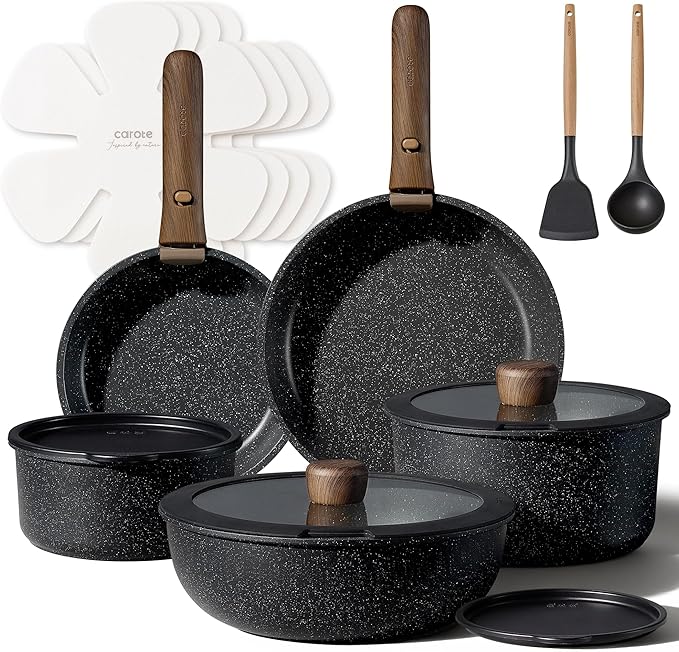 CAROTE 17pcs Pots and Pans Non Stick, Cookware Sets Detachable Handle, Induction Kitchen Pots and Pans,NonStick Cooking Set, Oven/Dishwasher/Fridge Safe, Space Saving