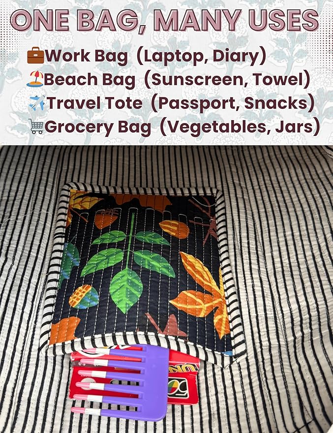 Cotton Quilted Tote Bag for Women – Large Beach & Travel Tote with Zipper, Reusable Grocery Bag