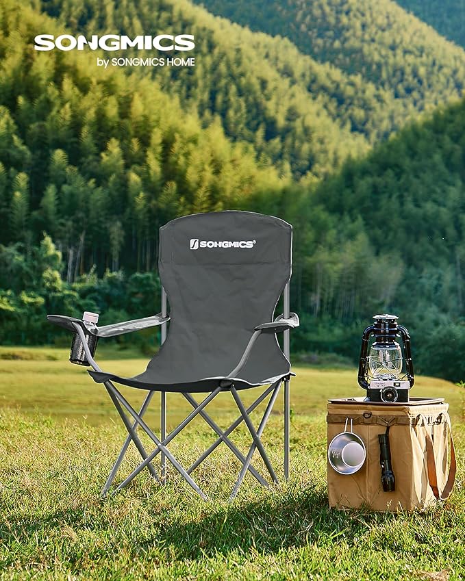 SONGMICS 2 Pack Folding Camping Chairs, Load 330 lb, Cup Holder and High Backrest, Heavy-Duty Structure, for Lawn, Garden, Fishing, Terrace