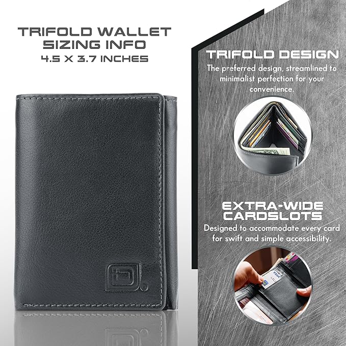 ID Stronghold Men's Leather Trifold Wallet - RFID Blocking - Black Wallet with Gift Box