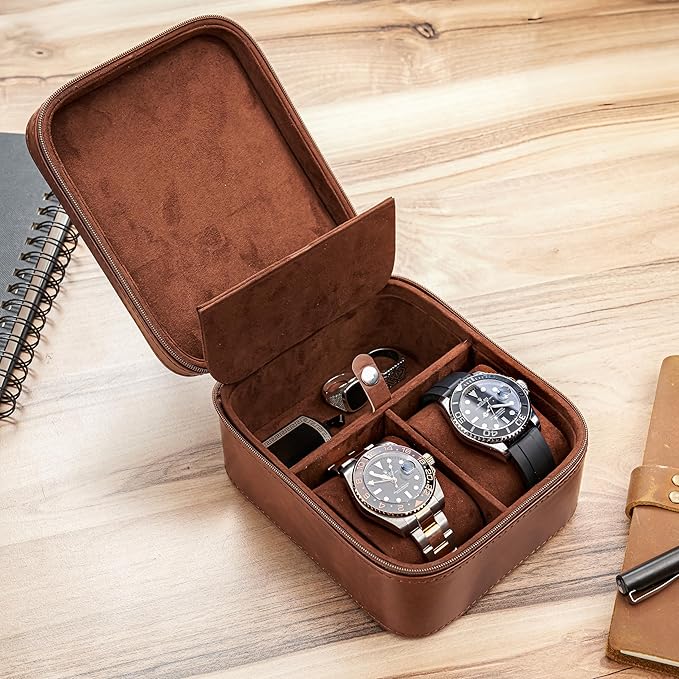 Awesometik 2 Slot Luxury Travel Faux Leather Watch Case. Watch Storage Organizer. Watch Display & Watch Holder. Perfect For Watch Collection. Ready to Gift for Men (2 Slot Watch Case)