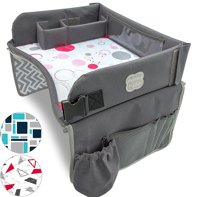 Kenley Kids Travel Tray, Toddler Car Seat Lap Tray, Road Trip Essentials Activity Table (Pink/Gray)