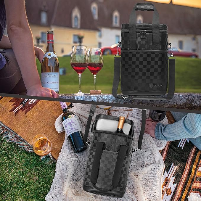 Opux 4 Bottle Insulated Wine Cooler Bag - Leakproof Padded Portable Wine Bottle Carrier for Travel Picnic, BYOB Gift (Black Square)