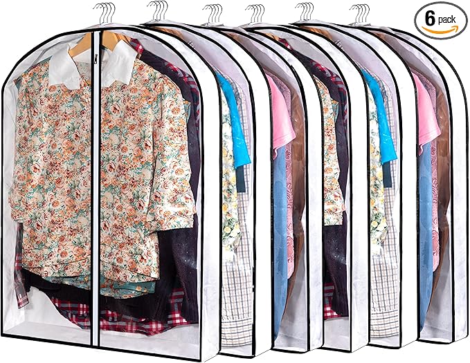 Hanging Clothes Storage with 4" Gusseted Garment Covers (Set of 6) - Clear Suit, Sweater, Shirt, Jacket Protectors for Closet - 24"x 32"x 4" / 6 Pack