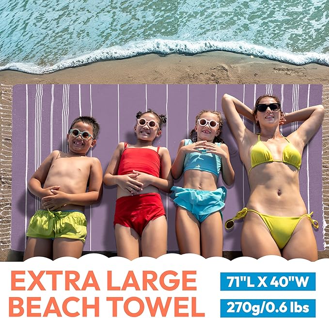 Turkish Beach Towel - 40x71 inch Oversized Sand Resistant Prewashed Turkish Towel - 100% Turkish Cotton Quick Drying, Compact, Lightweight Turkish Towel for Beach, Bath, Pool, Gym, Yoga.