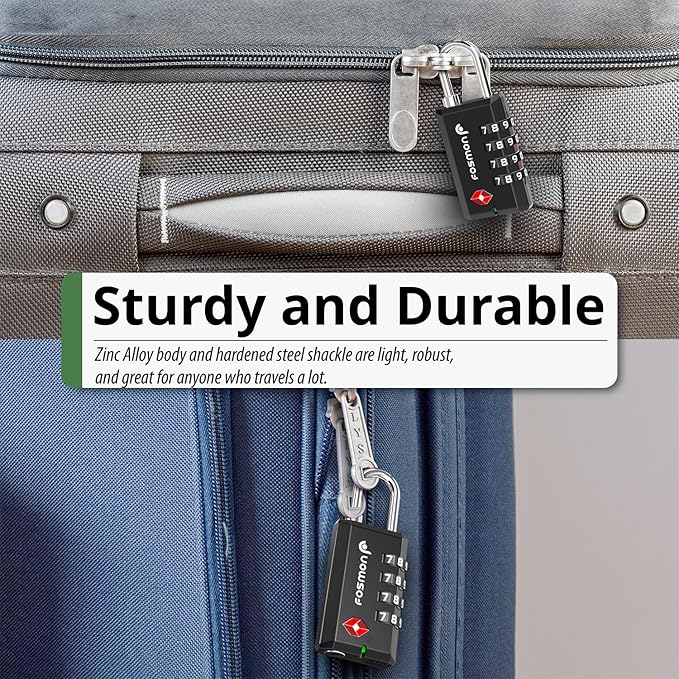 Fosmon TSA Approved Locks for Luggage, Suitcase, Heavy Duty Gun Safe Lock for Gun Case, 4 Digit Shackle Combination Padlock for Travel, Backpack Zipper Anti Theft, Gym Locker, Pistol, Handgun