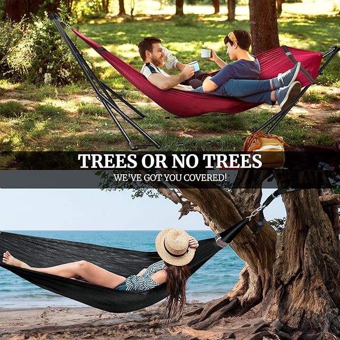 Tranquillo Combo x2 Hammocks with Stand for Outside & Tree Straps, Heavy Duty Hammock with Stand 600lbs for Indoor Outdoor Patio Backyard, x2 Hammocks for 2 Person, Portable Carrying Bags, Red