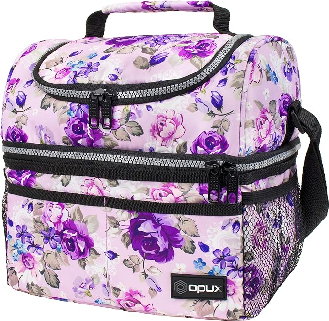 Opux Lunch Box For Women - Large Dual Compartment Insulated Lunch Bag, 10x7.5x10 Inches, Floral Purple