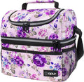Opux Lunch Box For Women - Large Dual Compartment Insulated Lunch Bag, 10x7.5x10 Inches, Floral Purple
