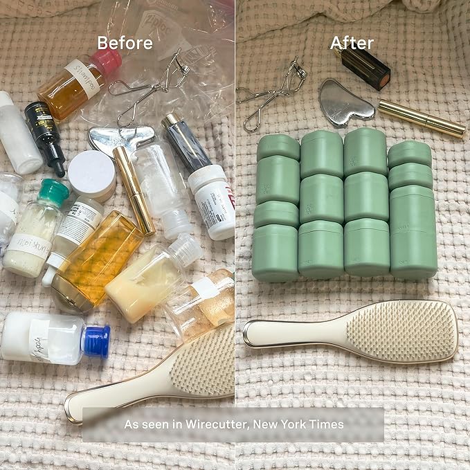Cadence Travel Containers - Body Care Capsule Set - Magnetic Containers with Lids,Carry On Travel Essentials for Women/Men - 3 Flex Mediums (1.32oz) - Body Wash, Lotion & Sun Icon Labels - Evergreen