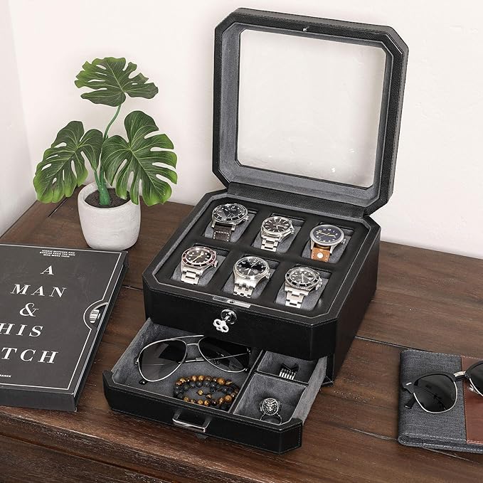 ROTHWELL Gift Box with 6 Slots Leather Watch Box and 2 Watches Travel Case - Storage Box Holder with Glass Top (Black/Grey Gift Box)