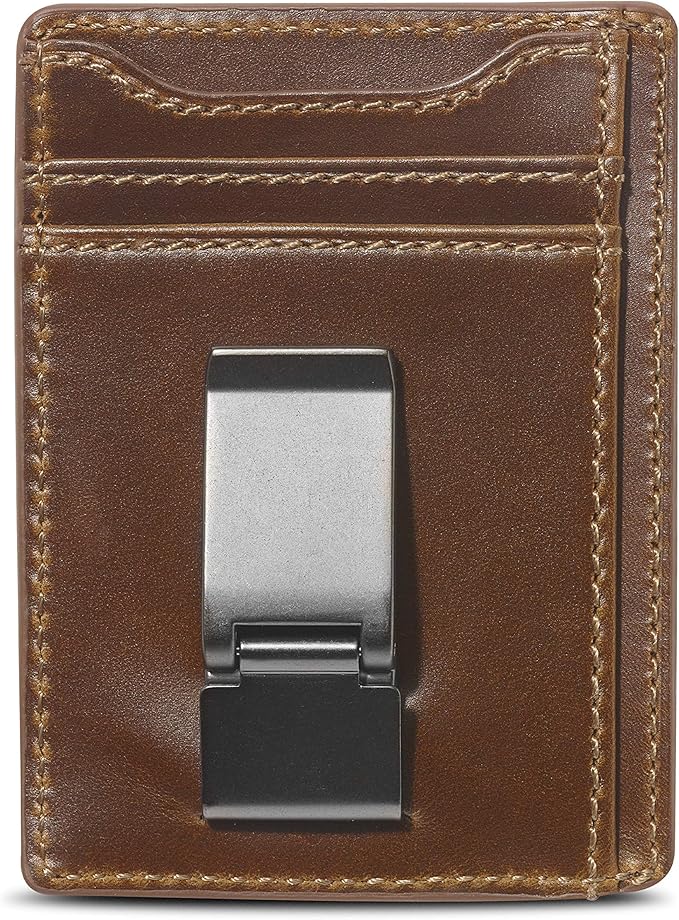 House of Jack Co. Flynn Hinged Money Clip Wallet for Men, Slim Front Pocket Card Holder, Full Grain Cowhide Leather Wallet, Brown