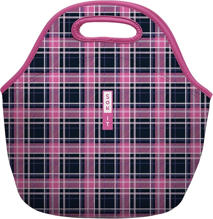 Sok It LunchTote Zippered Bag Insulated Neoprene Caddy (Berry Plaid, Large 4.5 Quart Lunch Tote)