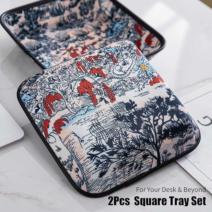 2025 Improved Design Premium Square Fabric Valet Tray Organizer Set of 2, Hard Canvas Catchall Tray for Watches, Keys, Wallets, Jewelry & Candys on Desk, Bedside, Nightstand (Square Hard)