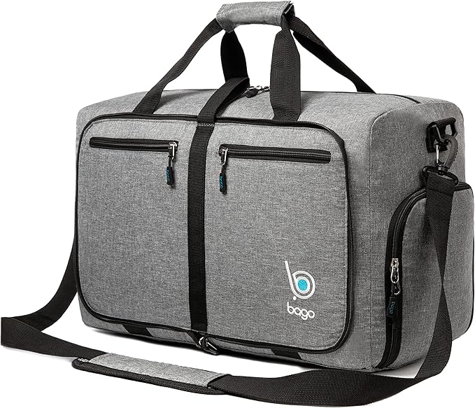 Bago Foldable Duffel Bags for Traveling Women & Men - 40L Sports Packable Duffle Bag for Travel with Shoe Compartment - Water Repellant, Heavy Duty, Lightweight Folding & Collapsible (SnowGray)