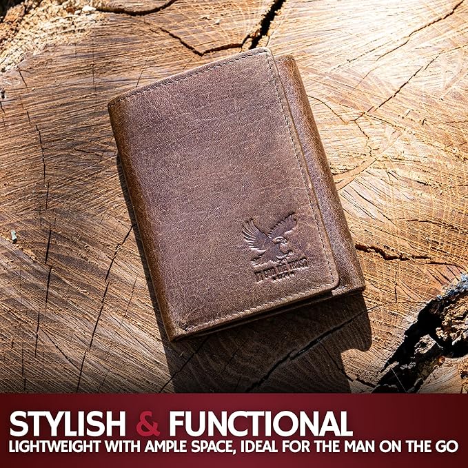 BULL GUARD Best Leather Men's RFID Trifold Wallet With ID Great Outdoor Wallet