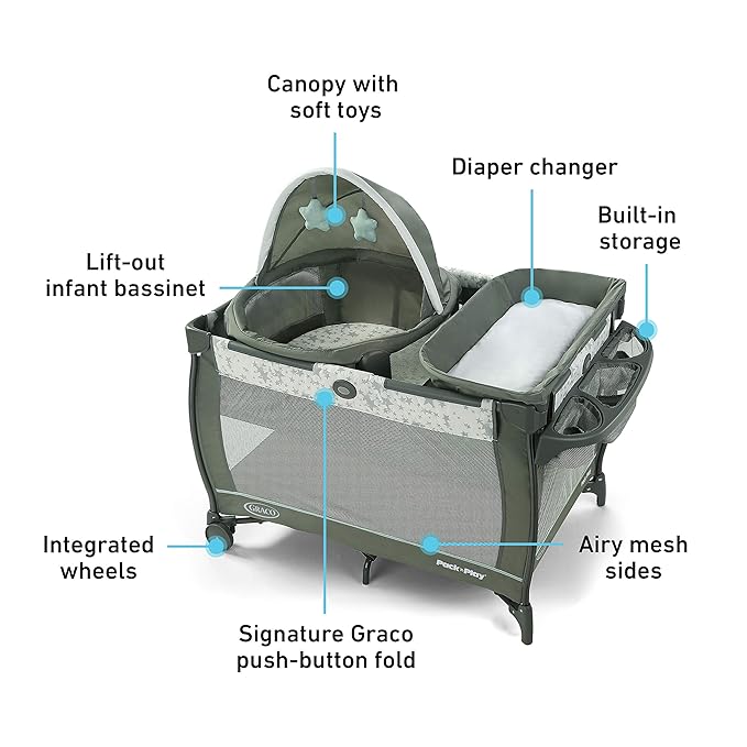 Graco Pack ’n Play Travel Dome Playard, Portable Bassinet with UV Canopy, Full‑Size Infant Bassinet, Diaper Changer