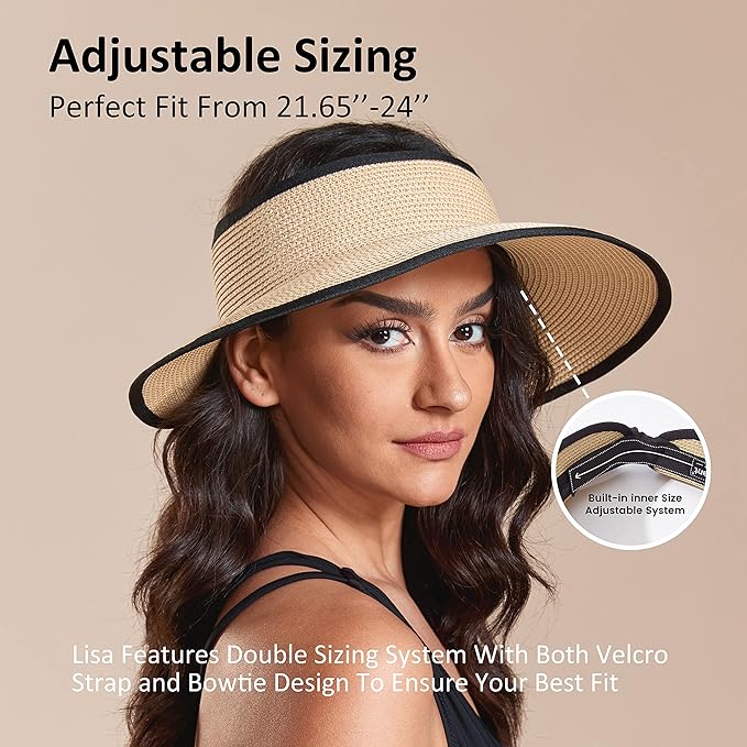Joywant Womens Sun Visor Hats, Packable Wide Brim Ponytail Beach Hat Straw Visor Summer Beach Vacation Essentials for Womens